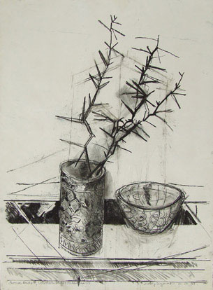 Imasri Brushpot, Woloriani Bowl & Acacia Karoo Charcoal on Paper 560 x 760